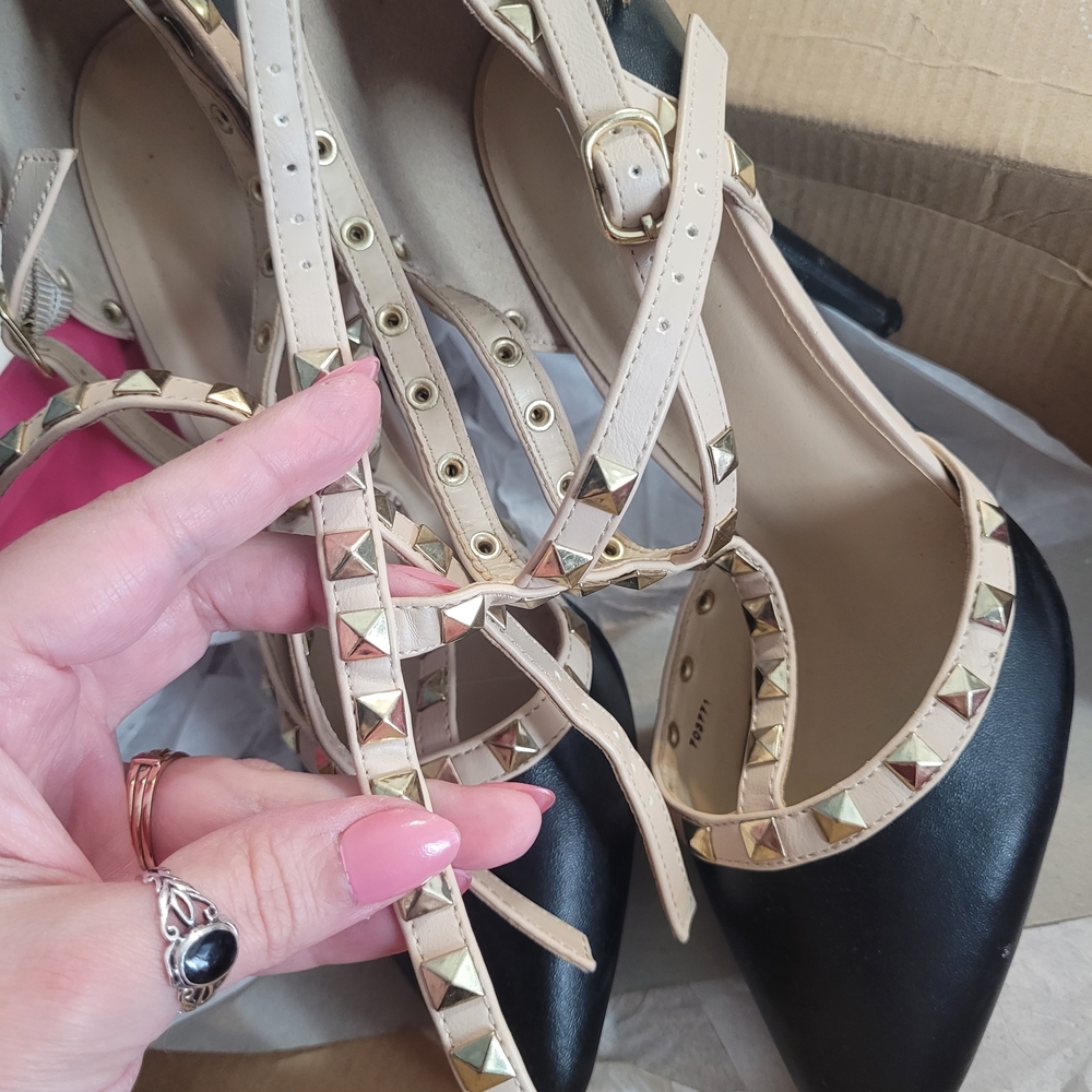 Charlotte Russe Black and Cream Studded Heels - Picture 3 of 5